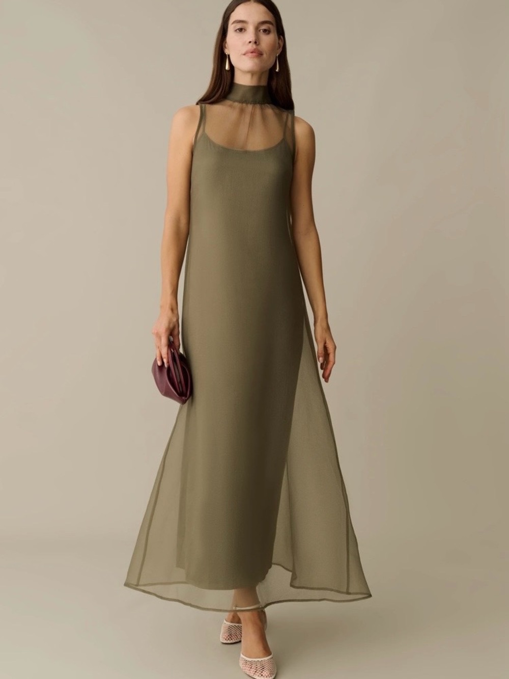 Few moda Caara Alette moss grey Chiffon Maxi Dress with Sheer High Neck